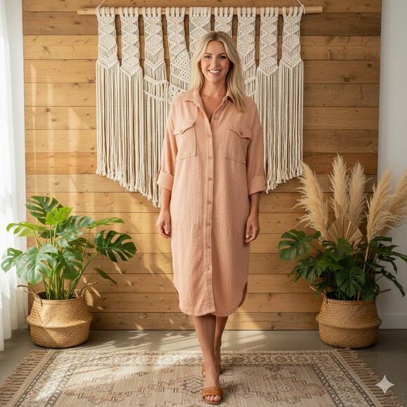 Free People Tan Long Button Down Shacket Dress - Picture 1 of 12